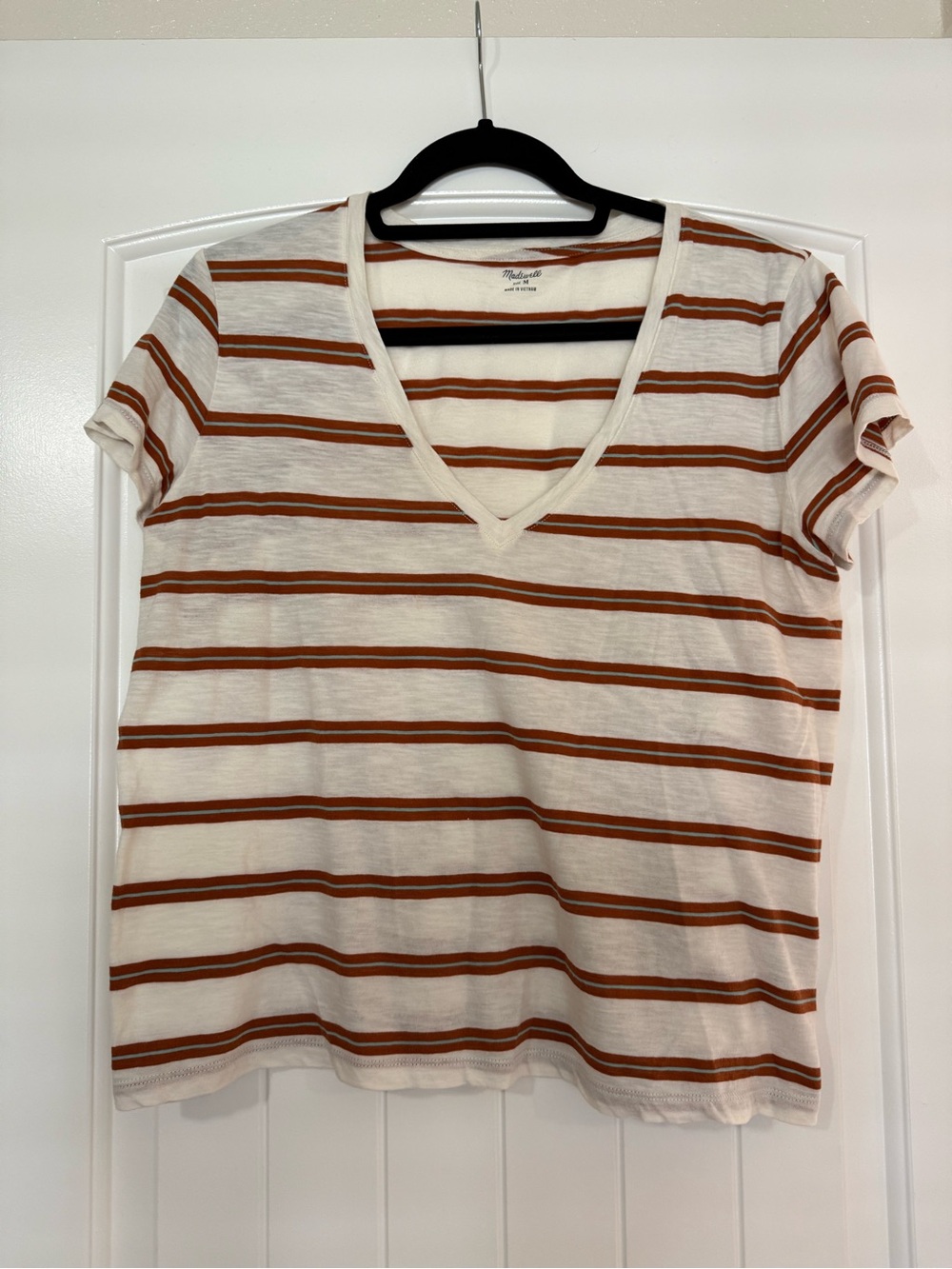 Madewell Cream and Rust Striped V-Neck Short Sleeve Tee